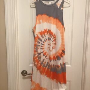 Orange and Gray Tie Dye Pattern Sleeveless Swing Dress - Size M